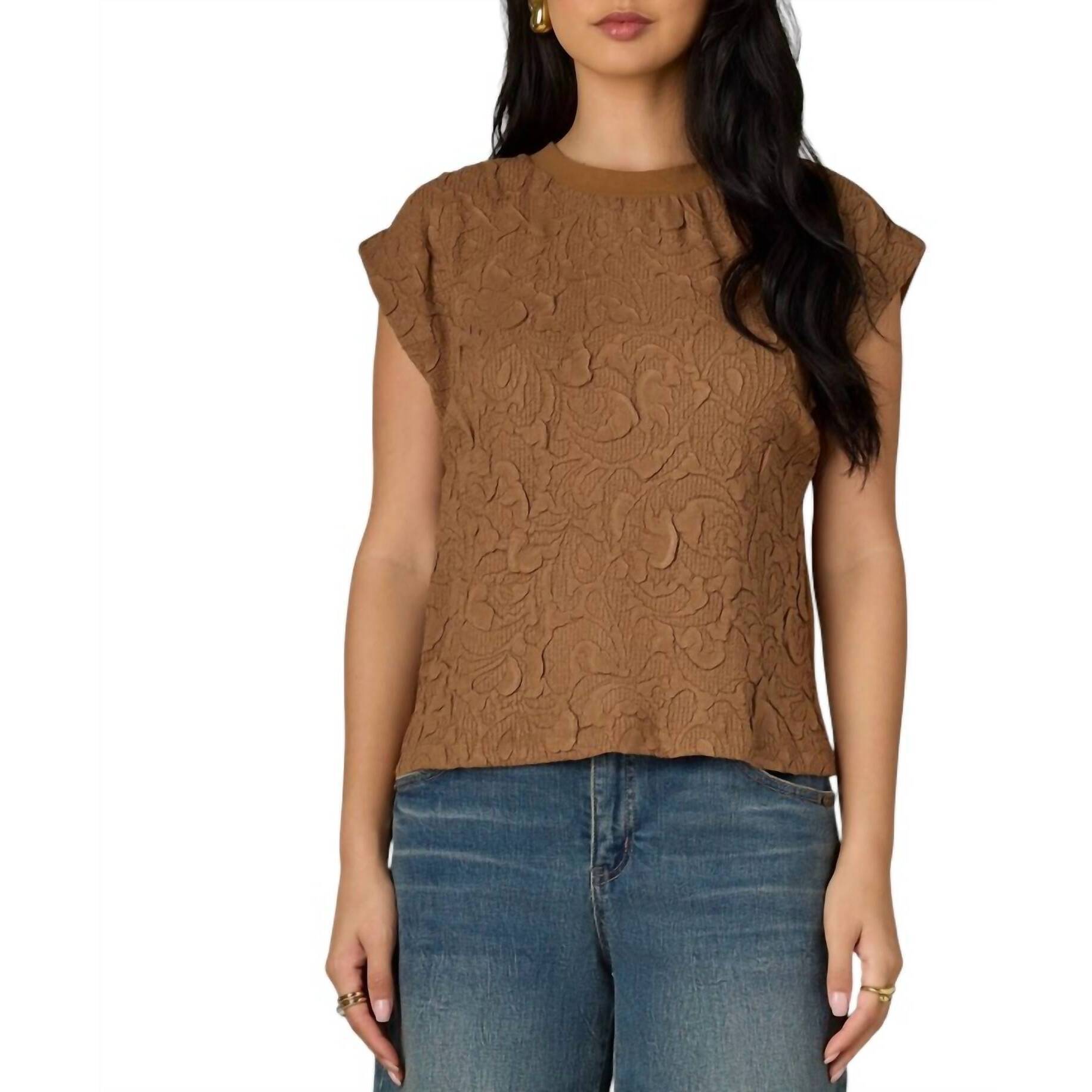 New Wit  Wisdom Mixed Media Top In Butter Toffee